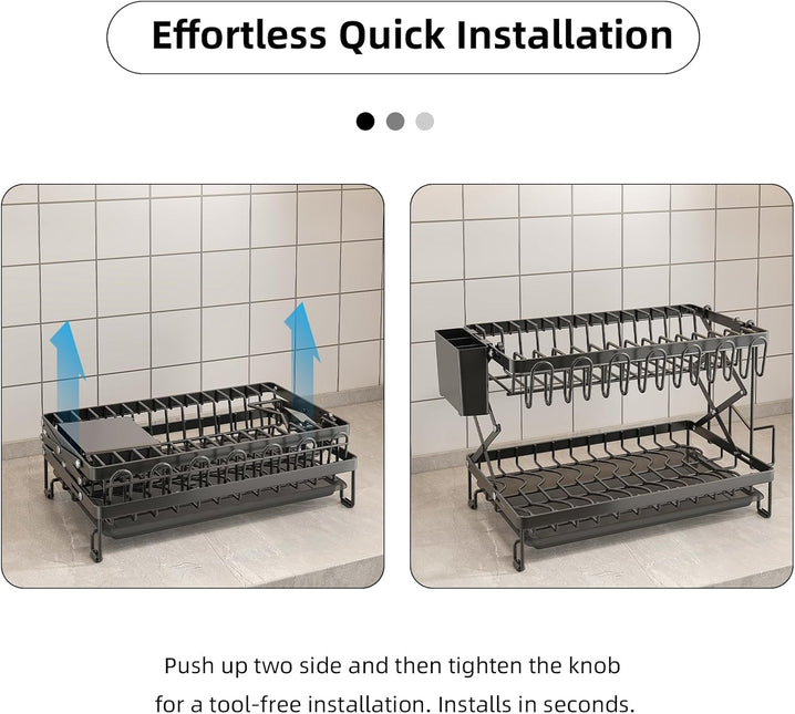 CARLA HOME 2-Tier Dish Drying Rack with Drainage Tray, Utensil Holder, Cup Hooks & Cutting Board Rack for Kitchen (Black)-1992735295317086211