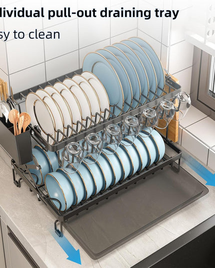 CARLA HOME 2-Tier Dish Drying Rack with Drainage Tray, Utensil Holder, Cup Hooks & Cutting Board Rack for Kitchen (Black)-1992735295317086212