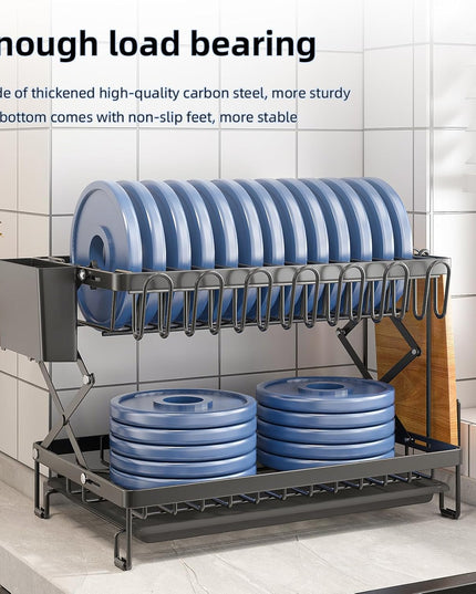 CARLA HOME 2-Tier Dish Drying Rack with Drainage Tray, Utensil Holder, Cup Hooks & Cutting Board Rack for Kitchen (Black)-1992735295317086214