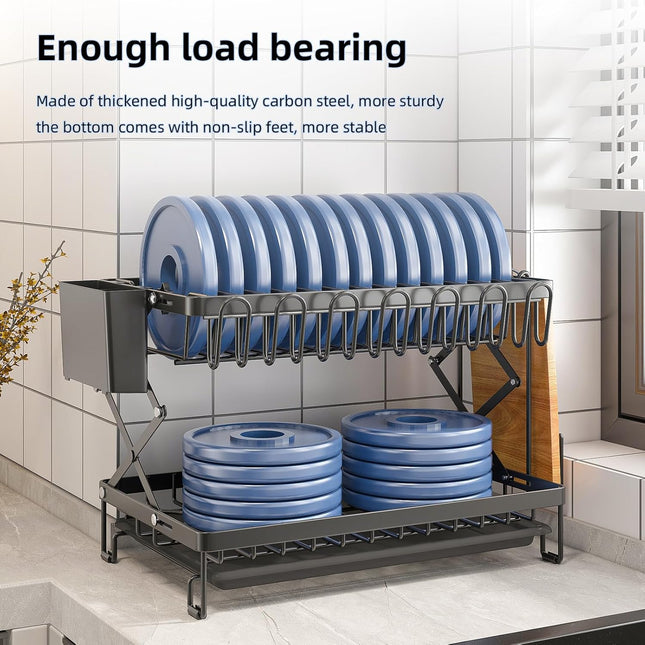 CARLA HOME 2-Tier Dish Drying Rack with Drainage Tray, Utensil Holder, Cup Hooks & Cutting Board Rack for Kitchen (Black)-1992735295317086214