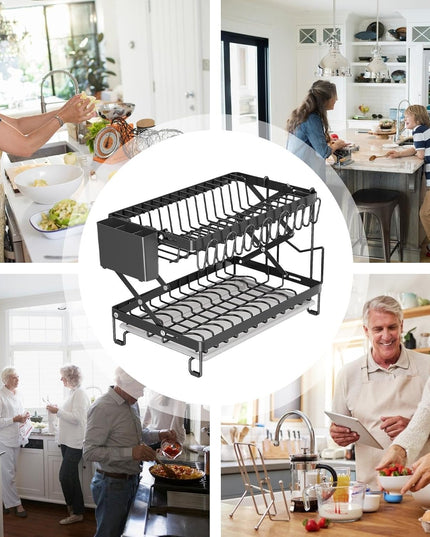 CARLA HOME 2-Tier Dish Drying Rack with Drainage Tray, Utensil Holder, Cup Hooks & Cutting Board Rack for Kitchen (Black)-1992735295317086216