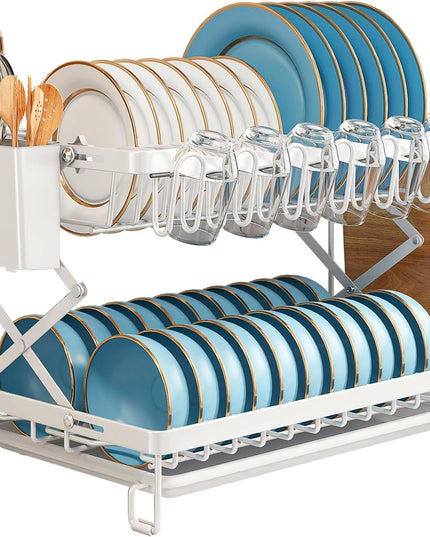 CARLA HOME 2-Tier Dish Drying Rack with Drainage Tray, Utensil Holder, Cup Hooks & Cutting Board Rack for Kitchen (White)-1992735296239833088