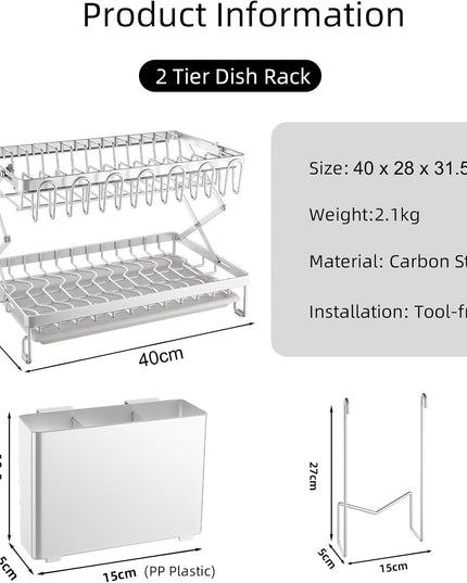 CARLA HOME 2-Tier Dish Drying Rack with Drainage Tray, Utensil Holder, Cup Hooks & Cutting Board Rack for Kitchen (White)-1992735296239833089
