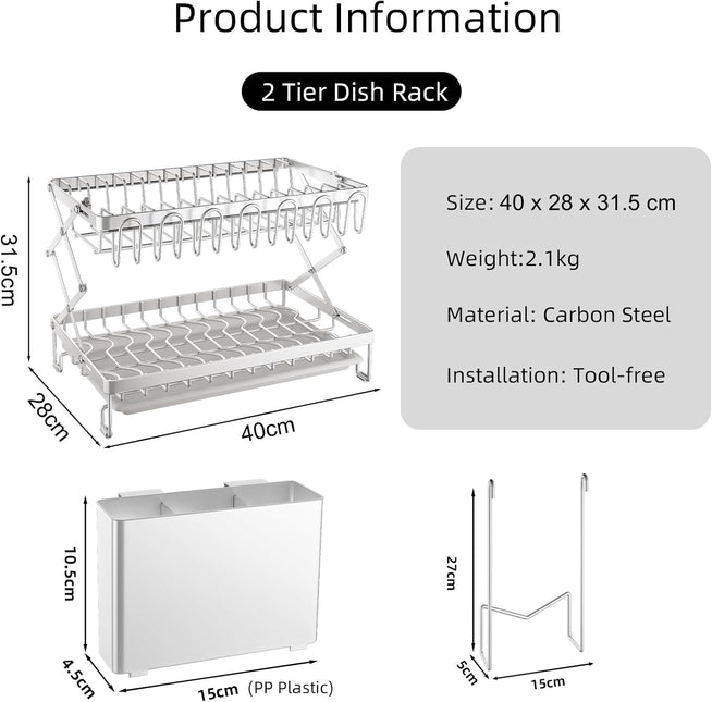 CARLA HOME 2-Tier Dish Drying Rack with Drainage Tray, Utensil Holder, Cup Hooks & Cutting Board Rack for Kitchen (White)-1992735296239833089