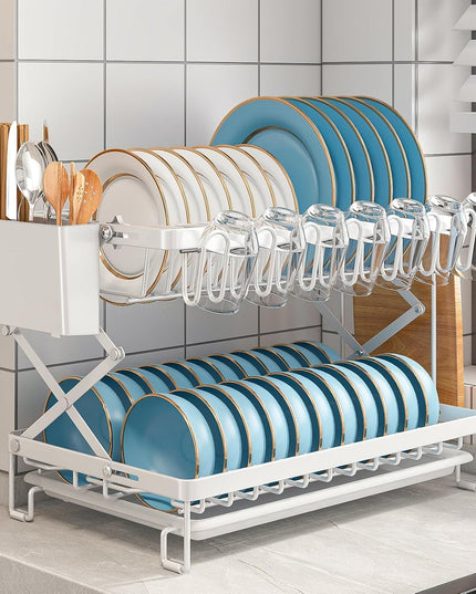 CARLA HOME 2-Tier Dish Drying Rack with Drainage Tray, Utensil Holder, Cup Hooks & Cutting Board Rack for Kitchen (White)-1992735296239833090