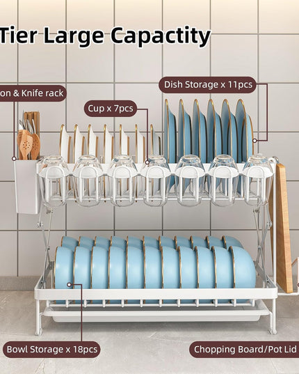 CARLA HOME 2-Tier Dish Drying Rack with Drainage Tray, Utensil Holder, Cup Hooks & Cutting Board Rack for Kitchen (White)-1992735296239833091