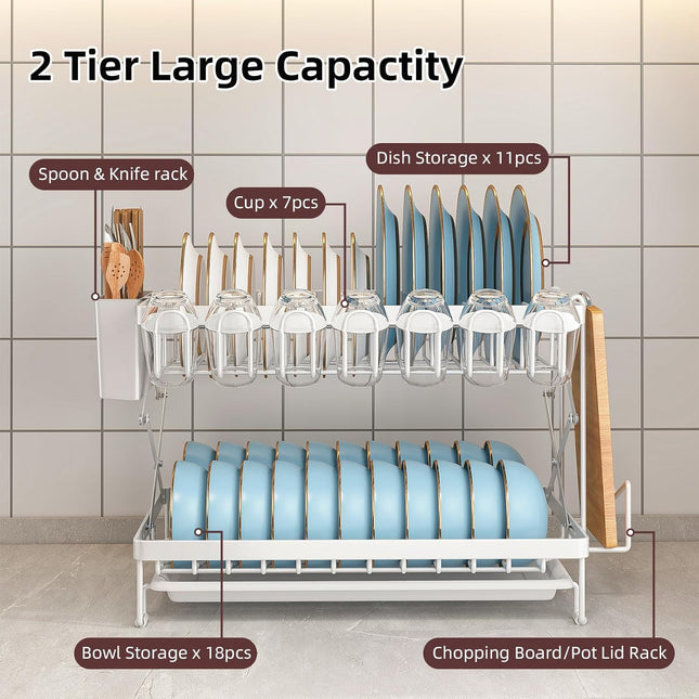 CARLA HOME 2-Tier Dish Drying Rack with Drainage Tray, Utensil Holder, Cup Hooks & Cutting Board Rack for Kitchen (White)-1992735296239833091