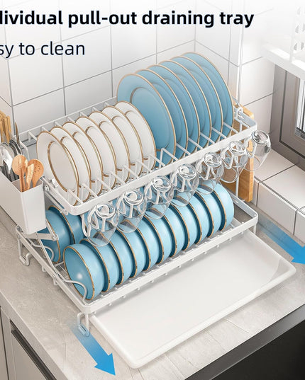 CARLA HOME 2-Tier Dish Drying Rack with Drainage Tray, Utensil Holder, Cup Hooks & Cutting Board Rack for Kitchen (White)-1992735296239833092