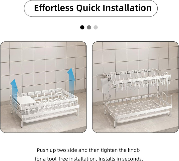 CARLA HOME 2-Tier Dish Drying Rack with Drainage Tray, Utensil Holder, Cup Hooks & Cutting Board Rack for Kitchen (White)-1992735296239833093