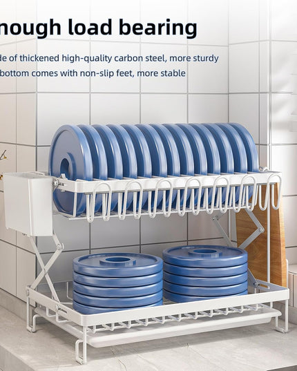 CARLA HOME 2-Tier Dish Drying Rack with Drainage Tray, Utensil Holder, Cup Hooks & Cutting Board Rack for Kitchen (White)-1992735296239833095