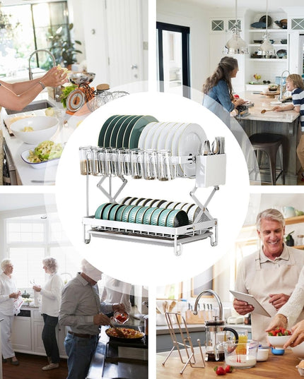 CARLA HOME 2-Tier Dish Drying Rack with Drainage Tray, Utensil Holder, Cup Hooks & Cutting Board Rack for Kitchen (White)-1992735296244027392