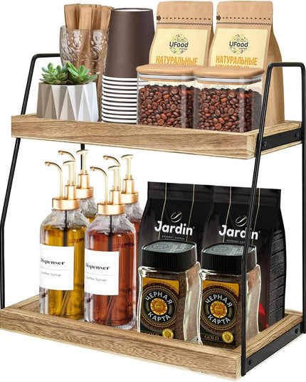 CARLA HOME 2-Tier Wooden Coffee Station Rack Organizer for Coffee Bar, Condiments, Syrups, Storage Jars & Spice Storage Shelf-1992735288992075776