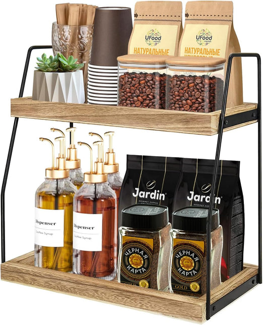 CARLA HOME 2-Tier Wooden Coffee Station Rack Organizer for Coffee Bar, Condiments, Syrups, Storage Jars & Spice Storage Shelf-1992735288992075776