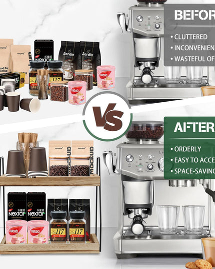 CARLA HOME 2-Tier Wooden Coffee Station Rack Organizer for Coffee Bar, Condiments, Syrups, Storage Jars & Spice Storage Shelf-1992735288992075778