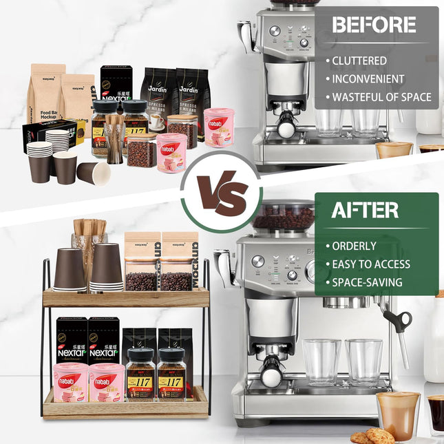 CARLA HOME 2-Tier Wooden Coffee Station Rack Organizer for Coffee Bar, Condiments, Syrups, Storage Jars & Spice Storage Shelf-1992735288992075778