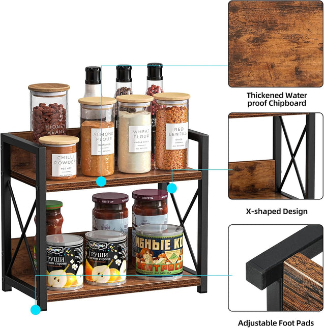 CARLA HOME 2-Tier Countertop Shelf Organizer Rustic Wood Kitchen Spice Rack for Storage, Condiments & Cabinet Organization-1992735286068645891