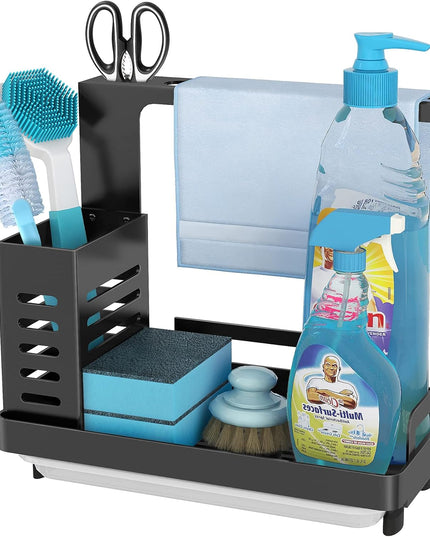 CARLA HOME Kitchen Sink Caddy Organizer with Sponge, Soap & Brush Storage and Rag Rack, Drain Tray & Utensil Holder-1992735286576156672