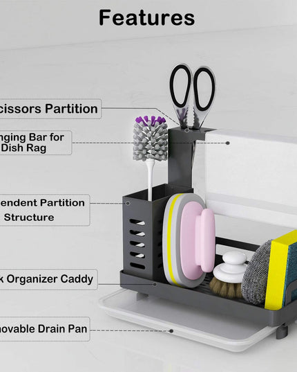 CARLA HOME Kitchen Sink Caddy Organizer with Sponge, Soap & Brush Storage and Rag Rack, Drain Tray & Utensil Holder-1992735286576156675