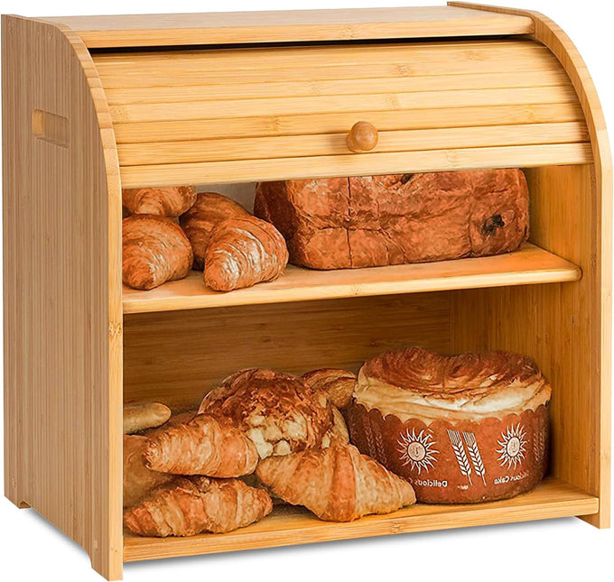 CARLA HOME Large Bamboo Bread Box Storage Organizer with Roll Top for Kitchen Counter-1992735282981638144