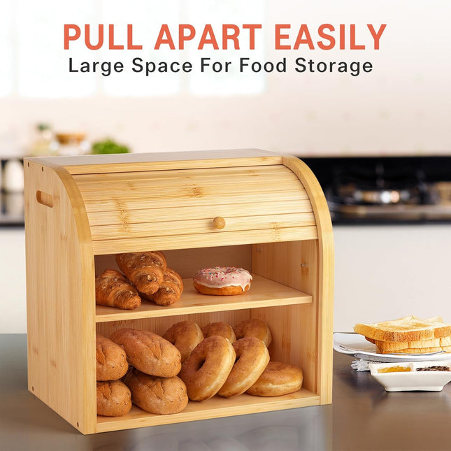 CARLA HOME Large Bamboo Bread Box Storage Organizer with Roll Top for Kitchen Counter-1992735282981638147
