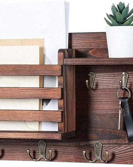CARLA HOME Rustic Wood Wall Mounted Key and Mail Holder Organizer with Shelf, Letter Slot & 6 Hooks for Entryway Decor Home-1992735291626098688