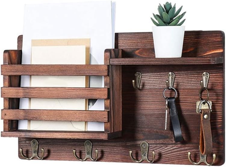 CARLA HOME Rustic Wood Wall Mounted Key and Mail Holder Organizer with Shelf, Letter Slot & 6 Hooks for Entryway Decor Home-1992735291626098688