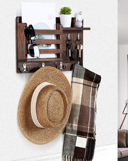 CARLA HOME Rustic Wood Wall Mounted Key and Mail Holder Organizer with Shelf, Letter Slot & 6 Hooks for Entryway Decor Home-1992735291626098689