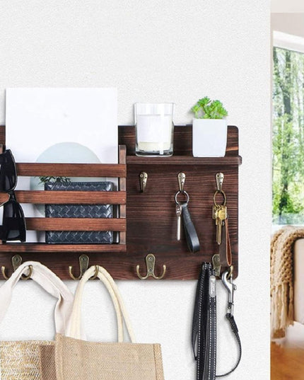 CARLA HOME Rustic Wood Wall Mounted Key and Mail Holder Organizer with Shelf, Letter Slot & 6 Hooks for Entryway Decor Home-1992735291626098690