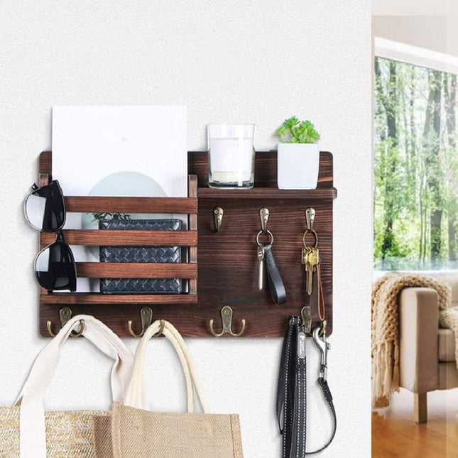 CARLA HOME Rustic Wood Wall Mounted Key and Mail Holder Organizer with Shelf, Letter Slot & 6 Hooks for Entryway Decor Home-1992735291626098690