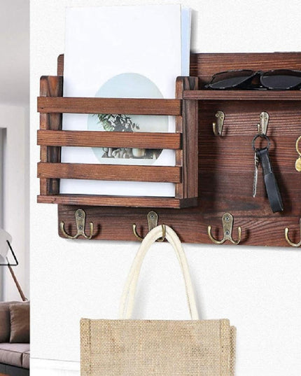 CARLA HOME Rustic Wood Wall Mounted Key and Mail Holder Organizer with Shelf, Letter Slot & 6 Hooks for Entryway Decor Home-1992735291626098691