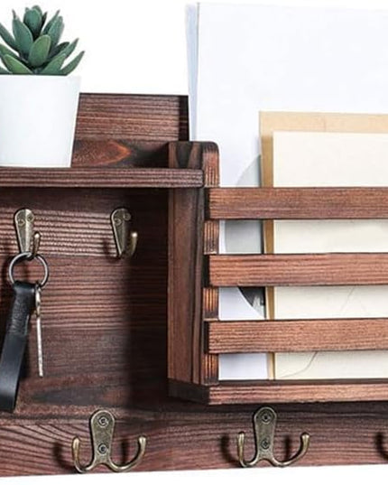 CARLA HOME Rustic Wood Wall Mounted Key and Mail Holder Organizer with Shelf, Letter Slot & 6 Hooks for Entryway Decor Home-1992735291626098692