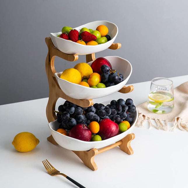 CARLA HOME 3-Tier Ceramic Fruit Bowl Basket with Bamboo Stand for Kitchen Counter, Snack Tray, Dessert Server & Vegetable Storage Rack-1992735282272800777