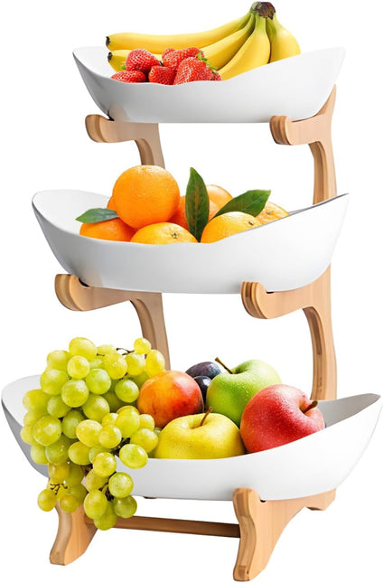 CARLA HOME 3-Tier Ceramic Fruit Bowl Basket with Bamboo Stand for Kitchen Counter, Snack Tray, Dessert Server & Vegetable Storage Rack-1992735282272800768