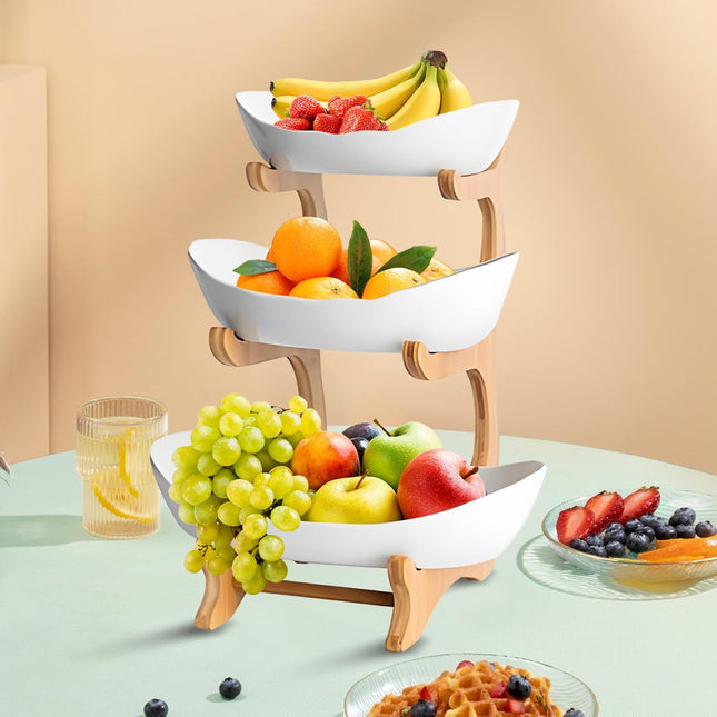 CARLA HOME 3-Tier Ceramic Fruit Bowl Basket with Bamboo Stand for Kitchen Counter, Snack Tray, Dessert Server & Vegetable Storage Rack-1992735282272800769