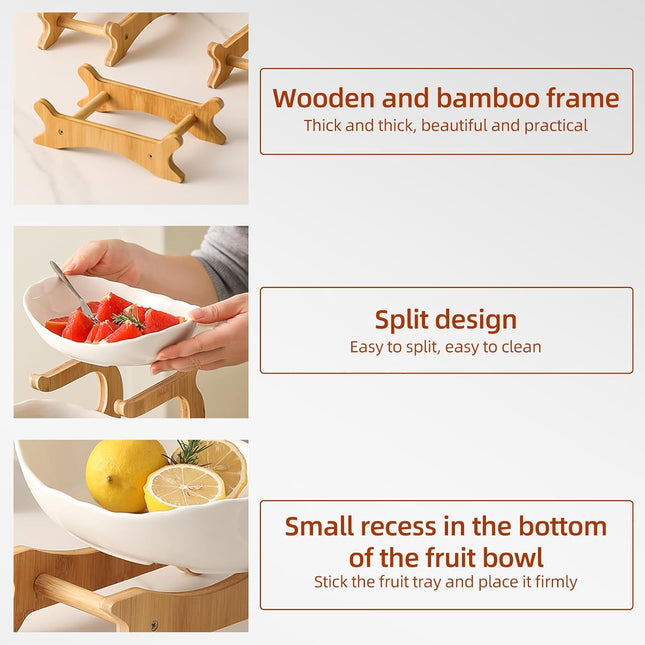 CARLA HOME 3-Tier Ceramic Fruit Bowl Basket with Bamboo Stand for Kitchen Counter, Snack Tray, Dessert Server & Vegetable Storage Rack-1992735282272800771