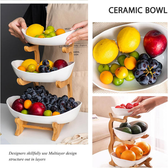CARLA HOME 3-Tier Ceramic Fruit Bowl Basket with Bamboo Stand for Kitchen Counter, Snack Tray, Dessert Server & Vegetable Storage Rack-1992735282272800773
