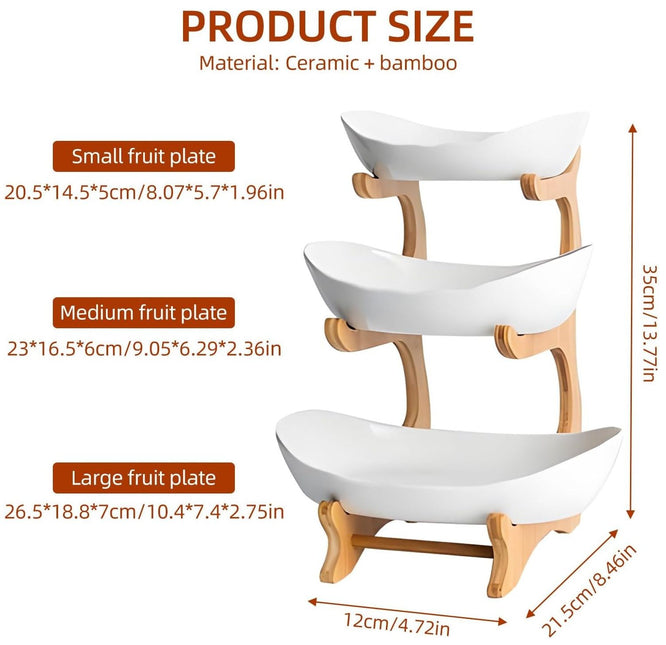 CARLA HOME 3-Tier Ceramic Fruit Bowl Basket with Bamboo Stand for Kitchen Counter, Snack Tray, Dessert Server & Vegetable Storage Rack-1992735282272800775