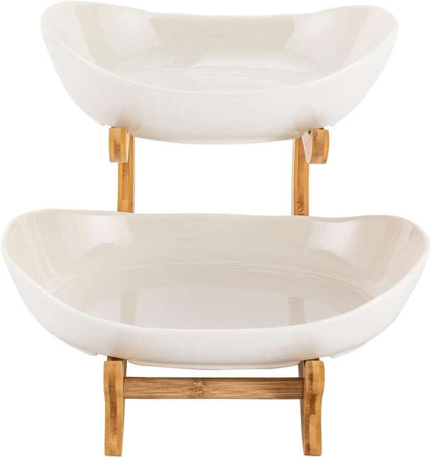 CARLA HOME 2-Tier Ceramic Fruit Bowl Basket with Bamboo Stand for Kitchen Counter, Snack Tray, Dessert Server & Vegetable Storage Rack-1992735285884096521