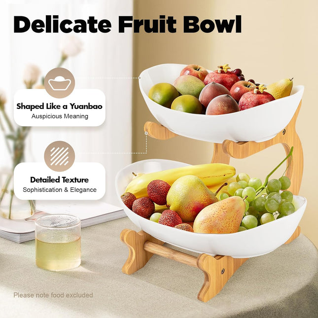 CARLA HOME 2-Tier Ceramic Fruit Bowl Basket with Bamboo Stand for Kitchen Counter, Snack Tray, Dessert Server & Vegetable Storage Rack-1992735285884096514
