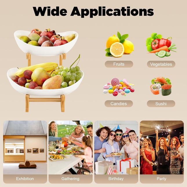 CARLA HOME 2-Tier Ceramic Fruit Bowl Basket with Bamboo Stand for Kitchen Counter, Snack Tray, Dessert Server & Vegetable Storage Rack-1992735285884096518