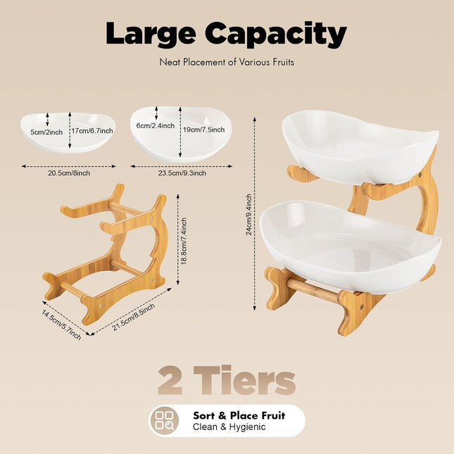 CARLA HOME 2-Tier Ceramic Fruit Bowl Basket with Bamboo Stand for Kitchen Counter, Snack Tray, Dessert Server & Vegetable Storage Rack-1992735285884096519