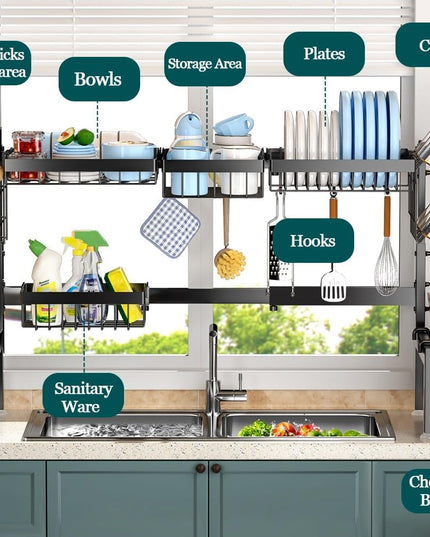 CARLA HOME Adjustable Over the Sink Dish Drying Rack with Utensil Holder, Hooks & Cutting Board Rack for Kitchen Counter Storage-1992735294436282369