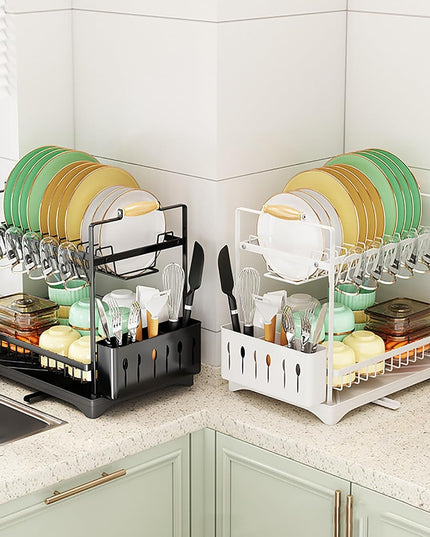 CARLA HOME 2-Tier Large Dish Drying Rack with Drainboard, Utensil Holder, Glass Hooks & Cutlery Storage (Black)-1992735292666286089