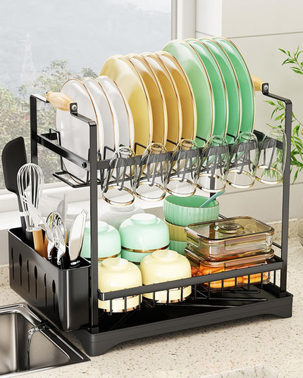 CARLA HOME 2-Tier Large Dish Drying Rack with Drainboard, Utensil Holder, Glass Hooks & Cutlery Storage (Black)-1992735292666286080