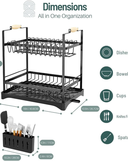 CARLA HOME 2-Tier Large Dish Drying Rack with Drainboard, Utensil Holder, Glass Hooks & Cutlery Storage (Black)-1992735292666286081