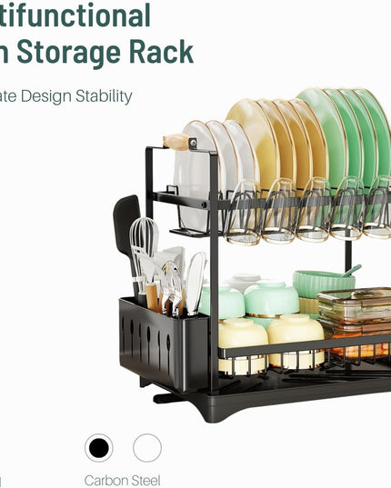 CARLA HOME 2-Tier Large Dish Drying Rack with Drainboard, Utensil Holder, Glass Hooks & Cutlery Storage (Black)-1992735292666286082