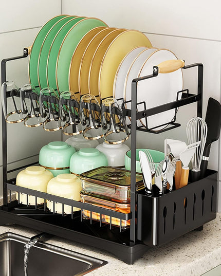 CARLA HOME 2-Tier Large Dish Drying Rack with Drainboard, Utensil Holder, Glass Hooks & Cutlery Storage (Black)-1992735292666286087