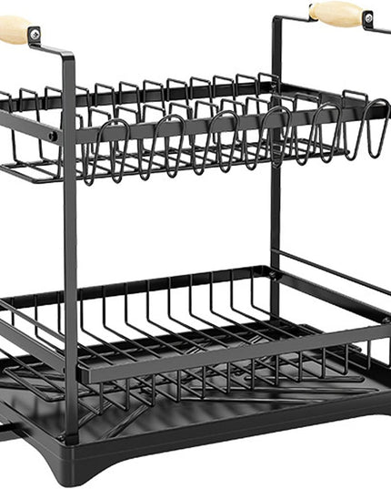 CARLA HOME 2-Tier Large Dish Drying Rack with Drainboard, Utensil Holder, Glass Hooks & Cutlery Storage (Black)-1992735292666286088