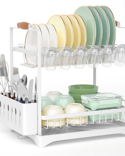 CARLA HOME 2-Tier Large Dish Drying Rack with Drainboard, Utensil Holder, Glass Hooks & Cutlery Storage (White)-1992735296420188160