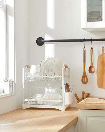 CARLA HOME 2-Tier Large Dish Drying Rack with Drainboard, Utensil Holder, Glass Hooks & Cutlery Storage (White)-1992735296420188161